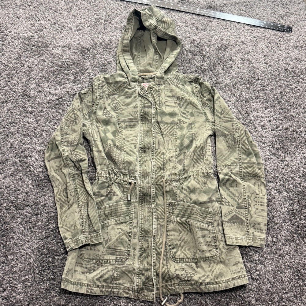 Boho Mossimo Utility Jacket Womens Green Excellent Tribal Print Hooded Small - Picture 2 of 5